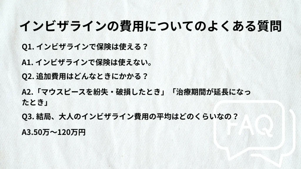 インビザラインの費用についてのよくある質問  Q1.インビザラインで保険は使える？ A1. インビザラインで保険は使えない。 Q2.追加費用はどんなときにかかる？ A2.「マウスピースを紛失・破損したとき」「治療期間が延長になったとき」 Q3. 結局、大人のインビザライン費用の平均はどのくらいなの？ A3. 50万円～120万円