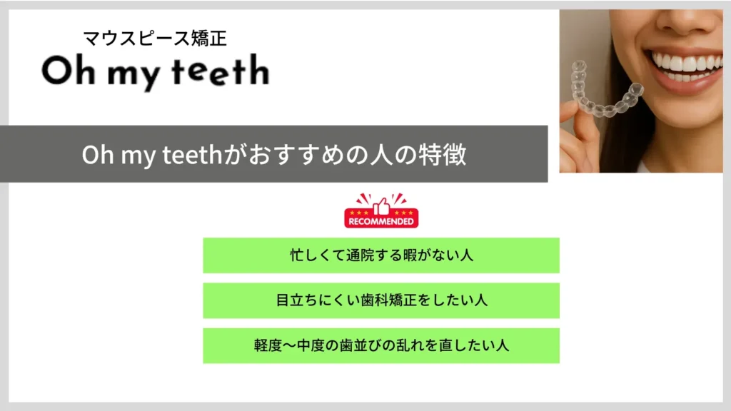 Oh my teethがおすすめの人の特徴 忙しくて通院する暇がない人 目立ちにくい歯科矯正をしたい人 軽度～中度の歯並びの乱れを直したい人