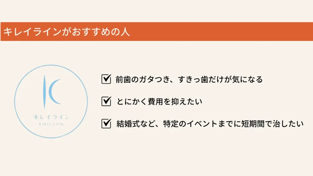 キレイラインがおすすめの人
前歯のガタつき、すきっ歯だけが気になる
とにかく費用を抑えたい
結婚式など、特定のイベントまでに短期間で治したい