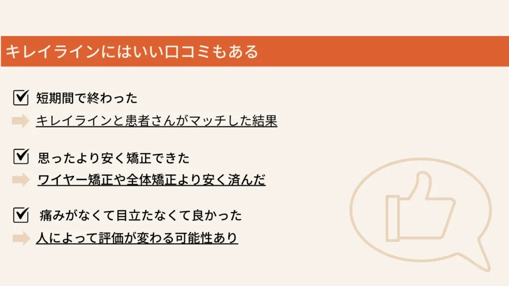 キレイラインにはいいクチコミもある
短期間で終わった
キレイラインと患者さんがマッチした結果
思ったより安く矯正できた
ワイヤー矯正や全体矯正より安く済んだ
痛みがなくて目立たなくてよかった
人によって評価が変わる可能性あり