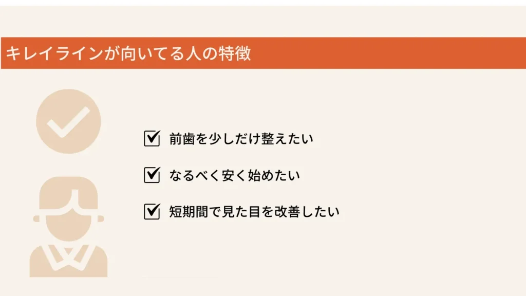 キレイラインが向いている人の特徴
前歯を少しだけ整えたい
なるべく安く始めたい
短期間で見た目を改善したい