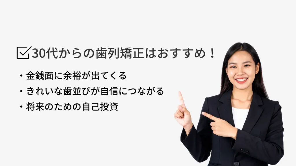 30代からの歯列矯正はおすすめ！
・金銭面に余裕が出てくる
・きれいな歯並びが自身につながる
・将来のための自己投資