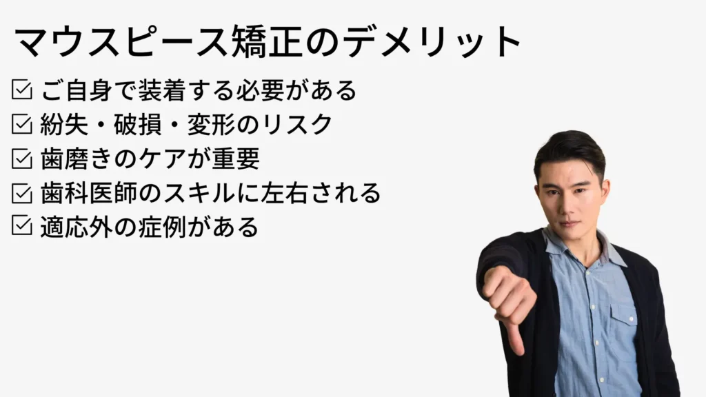 マウスピース矯正のデメリット
・ご自身で装着する必要がある 
・紛失・破損・変形のリスク 
・歯磨きのケアが重要 
・歯科医師のスキルに左右される 
・適応外の症例がある 